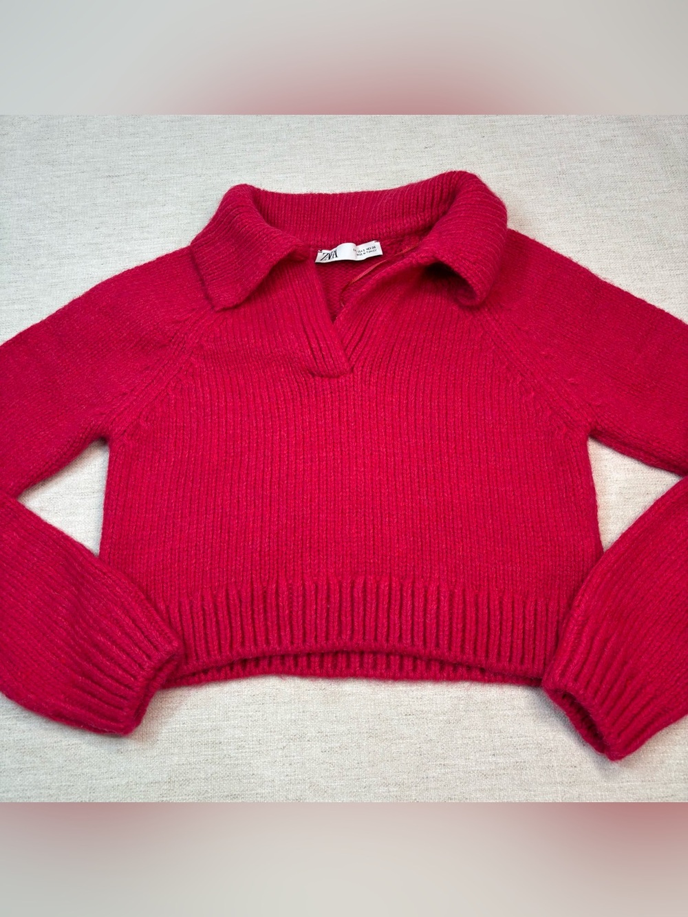 Zara Women's size S fitted cropped Ribbed Polo Sweater long sleeve bright pink